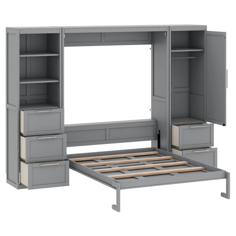 Queen Size Murphy Bed With Drawers And Shelves, Gray