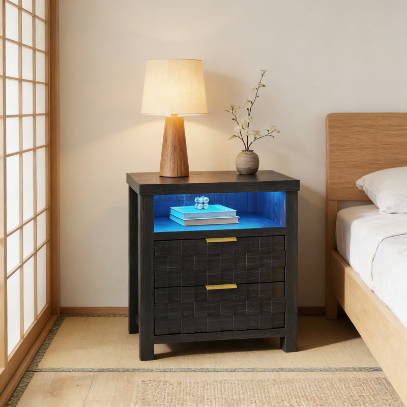 Table de chevet intelligente avec station de charge et lumières DEL, table de chevet large avec 2 tiroirs et éclairage réglable pour la chambre à coucher
