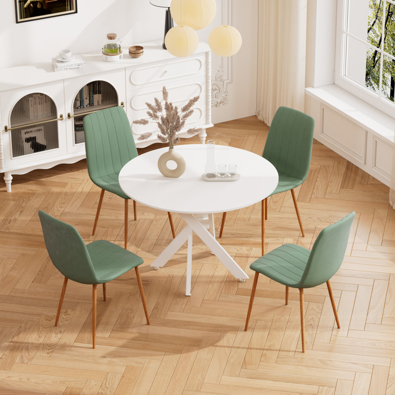 5-Piece Round Dining Table Set with 4 Velvet Dining Chairs, Green, 30"H x 36"L x 36"W