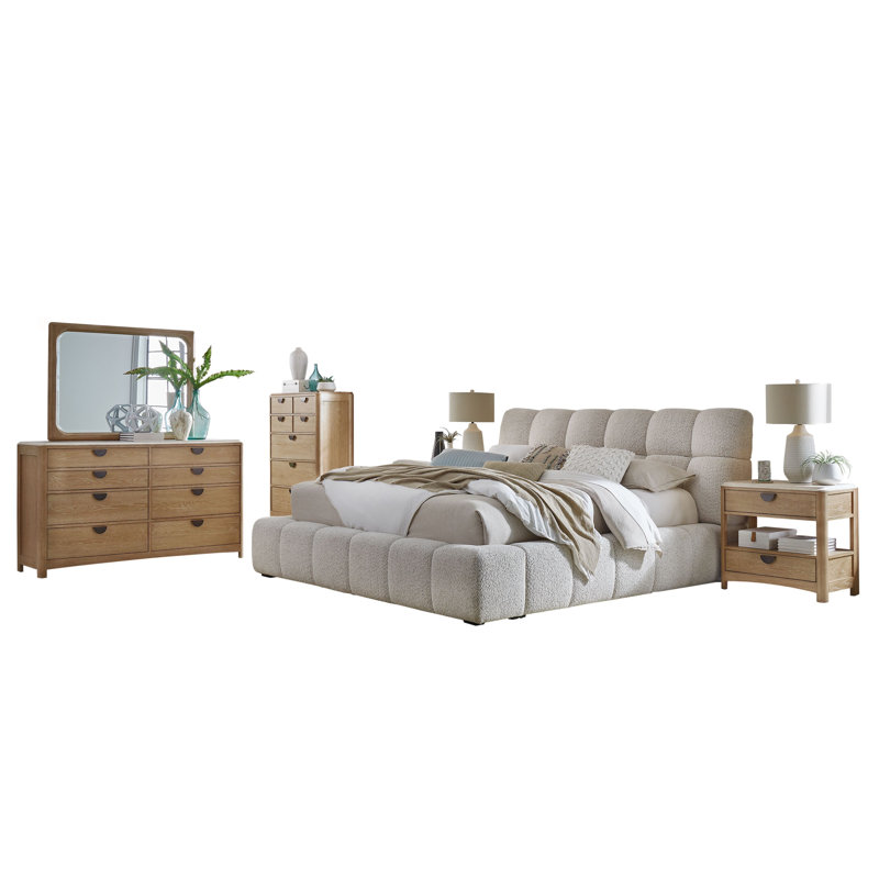 Grand lit tapissier avec commode 2 tables de chevet avec miroir et commode, 6 Pcs: Bed, Chest, Dresser, Mirror, 2 Nightstands
