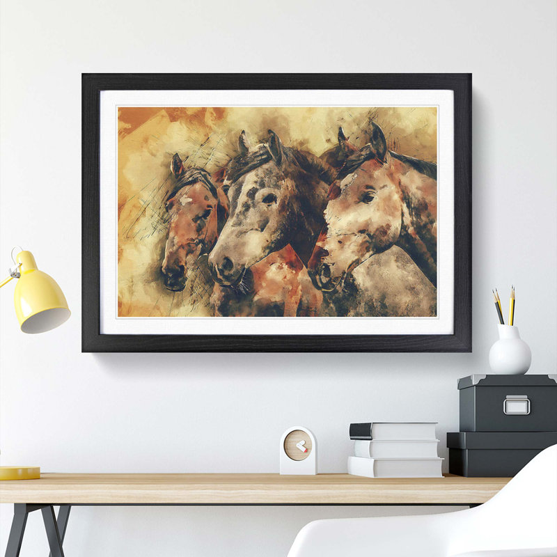 Trio of Horses in Abstract - Picture Frame Painting Print, 50cm H x 76cm W x 2cm D, Black