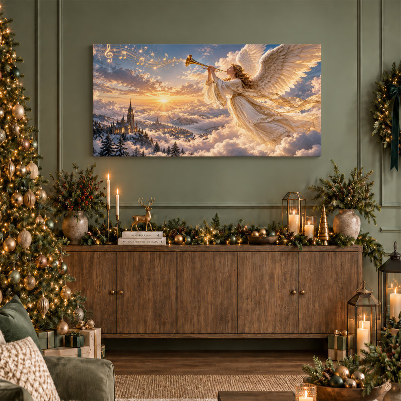 Ange jouant de la trompette dorée sur les montagnes enneigées, art mural de Noël, L 58 po x H 28 po