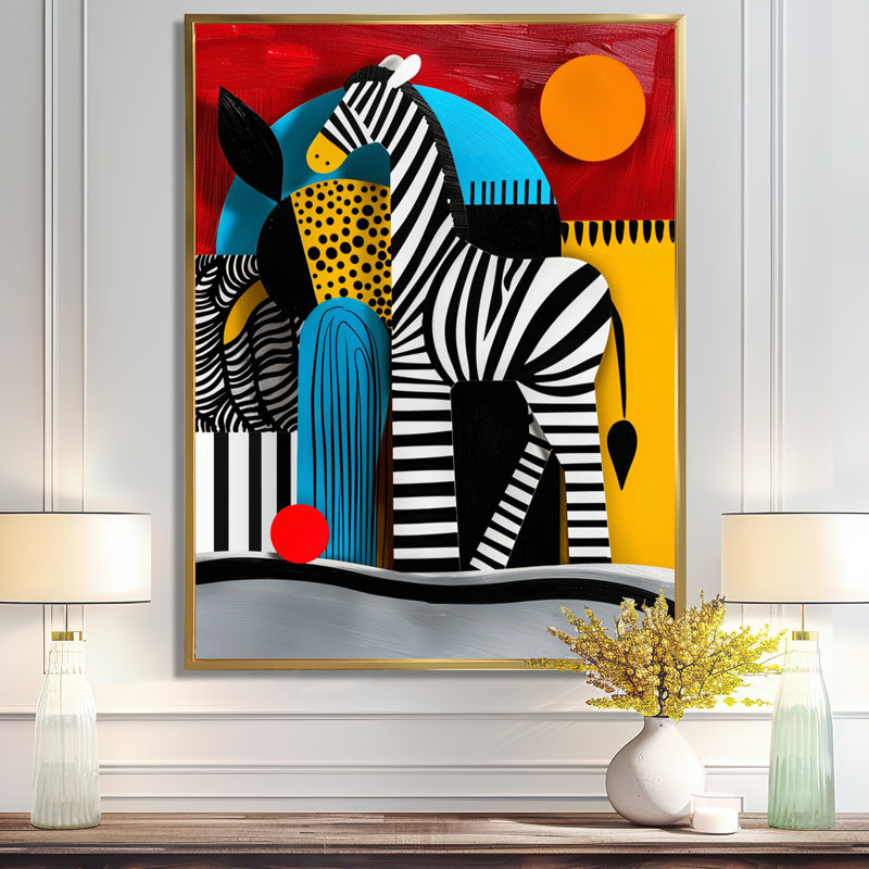 Abstrait géométrique ludique rétro - Art mural animal zèbre, Toile flottante dorée encadrée, H 20 po x l 12 po