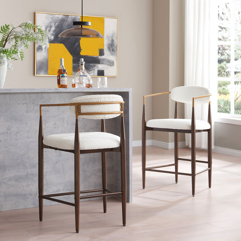 Amen Upholstered Bar Stools, Boucle Beige/Coffee Base, Counter Stool (25." Seat Height)