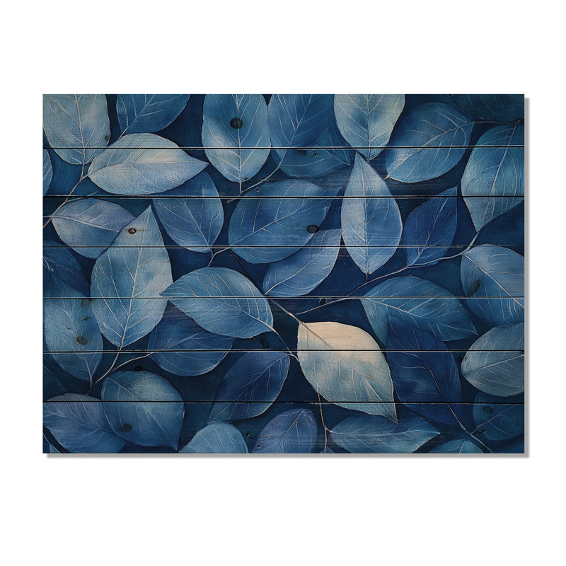 Indigo feuilles feuillage collage II - feuilles de bois décoration murale - sur bois de pin naturel, H 10 po x l 20 po