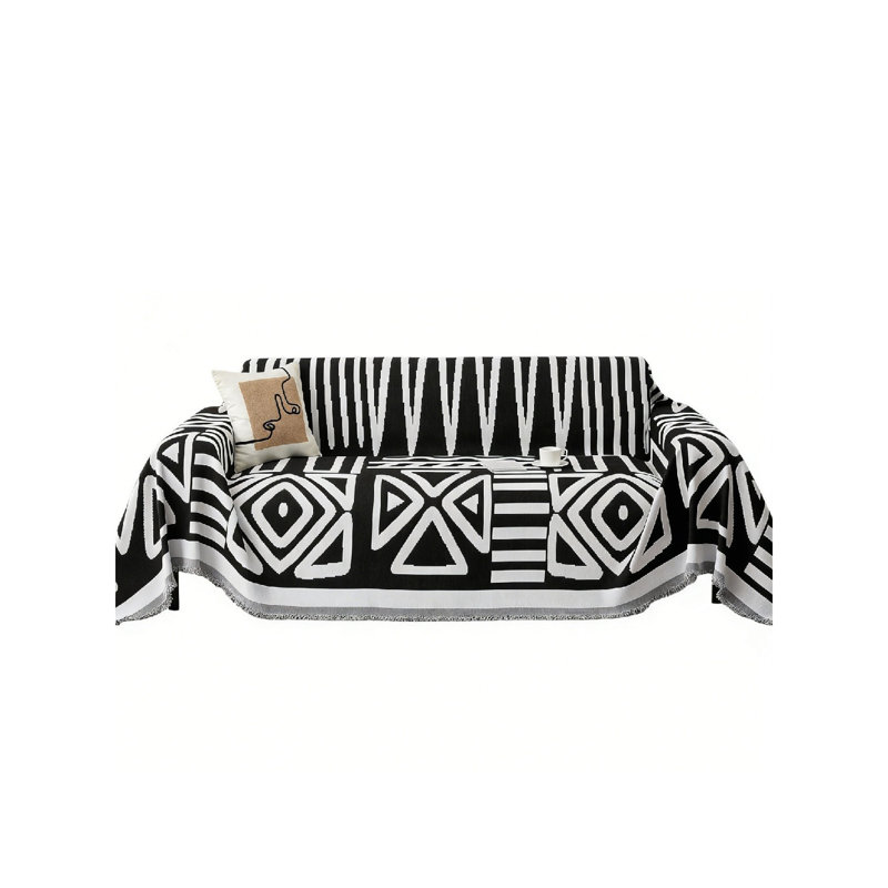 Chenille Box Cushion Sofa Slipcover, Black Geometric