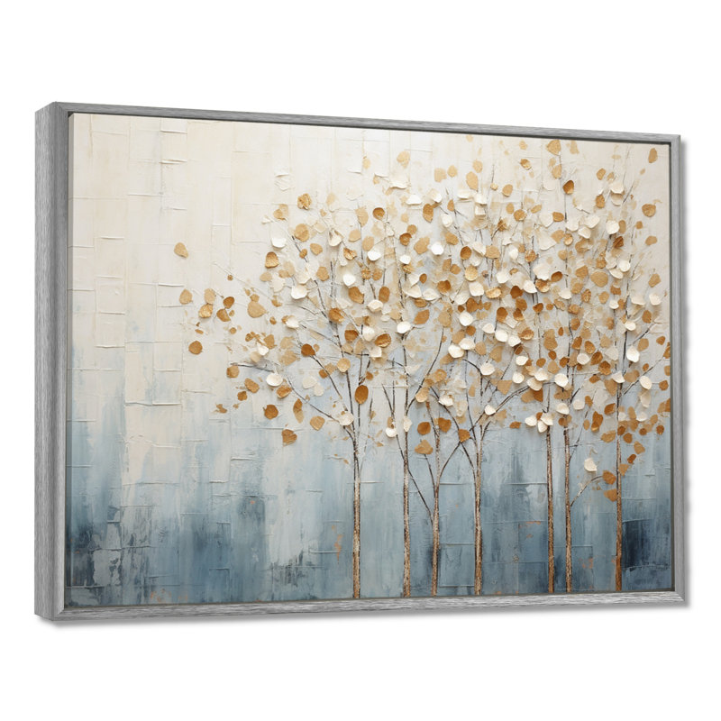 Harmonie d'arbres dorés et bleus V - Arbres, reproductions encadrées, 16" H x 32" W, Encadrement argenté