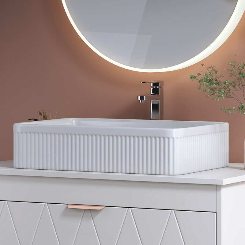 White Rectangular Ceramic Bathroom Vessel Sink With Drain Assembly