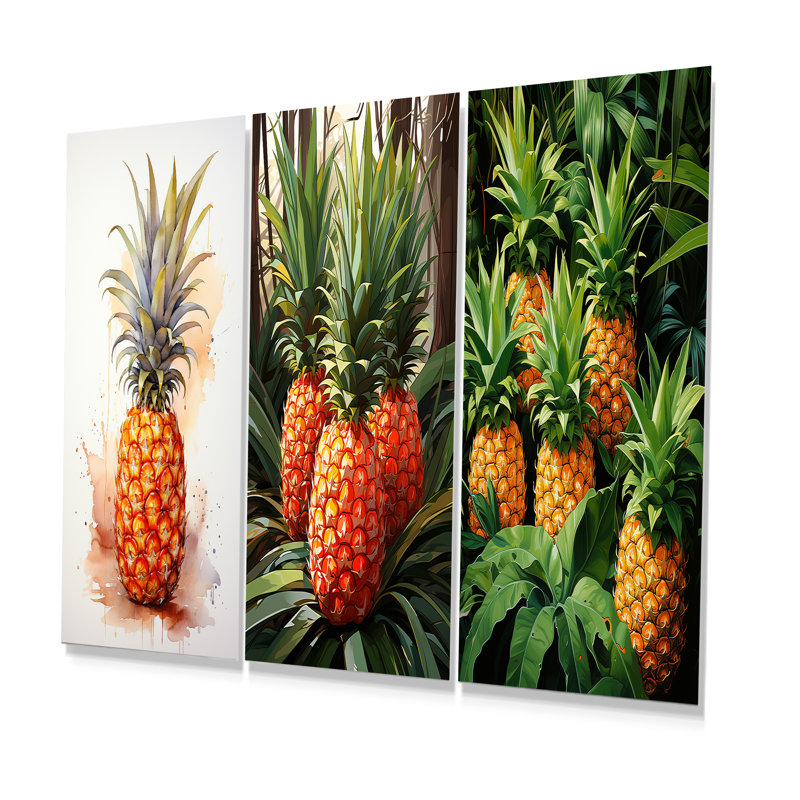 Golden Pineapple Paradise I - Pineapples Metal Wall Art Prints Set Of 3, 32" H x 48" W