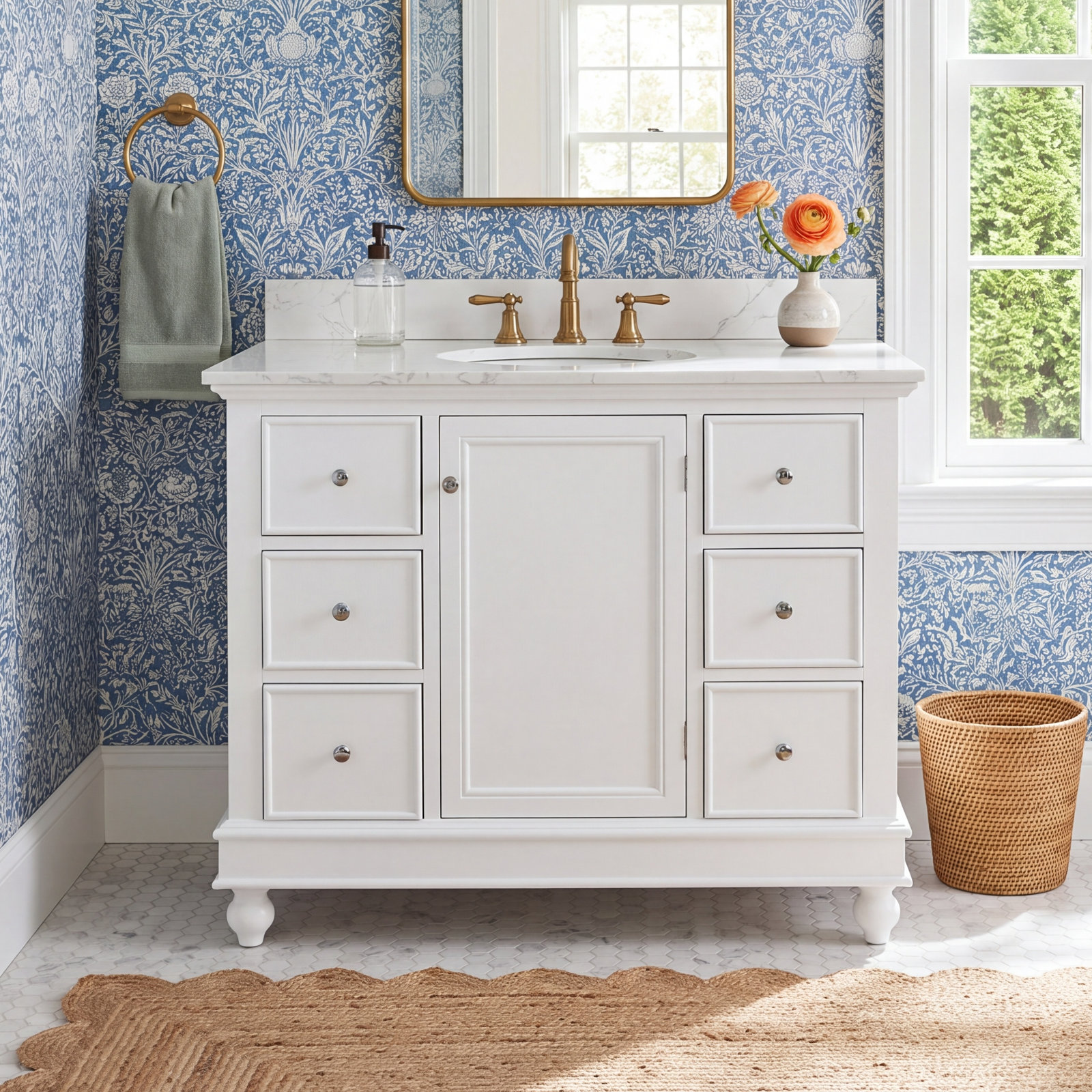 42 " Pine Single Bathroom Vanity, Engineered Marble, White