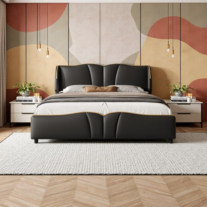 Élégante structure de lit tapissier en cuir grand format avec tête de lit à oreilles et pied de lit ondulé - Lit plateforme moderne sans sommier, noir