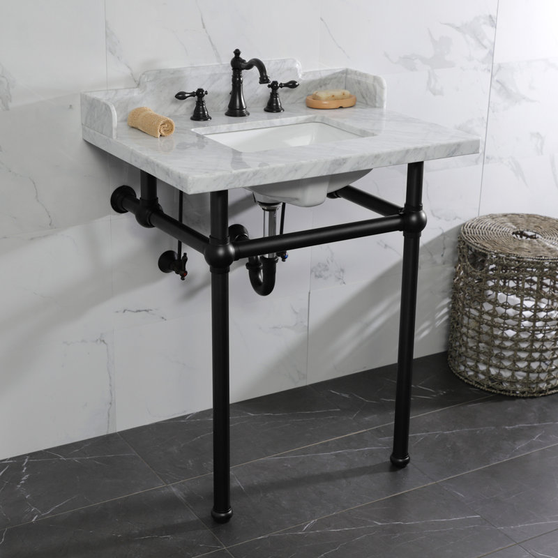 Kingston Brass Pemberton 30-Inch Carrara Marble Console Sink with Brass Legs (8-Inch, 3-Hole), Marble White/Matte Black