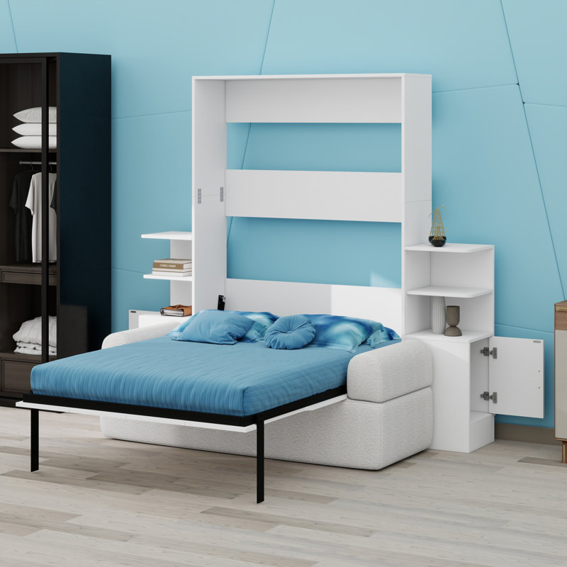 Lit mural peu encombrant avec canapé et armoires de rangement pour chambre d'amis, Blanc