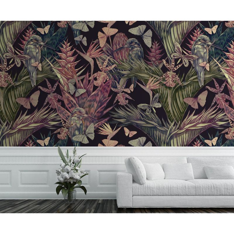 Papier peint amovible papillons et oiseaux tropicaux, L 75 po x l 112 po