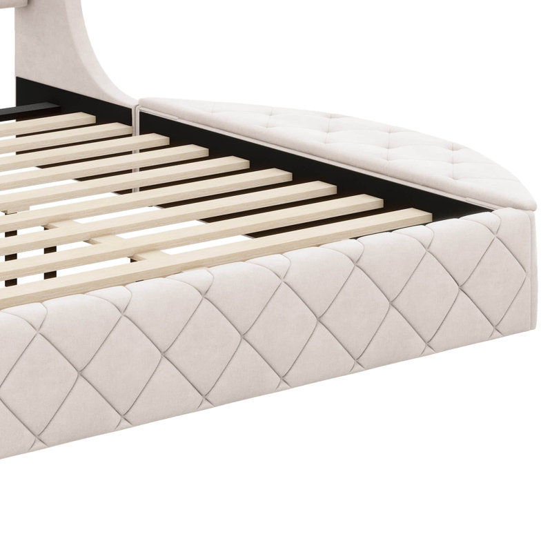 Lit plateforme tapissier en velours avec rangement et grand lit, Beige