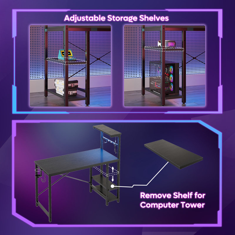 Nedyo 44'' W Computer Desk with RGB LED Lights & Reversible Storage Shelves,Home Office Desk with Hooks, CPU Stand,Cup Holder and Cloud Magnets，Gaming Desk.