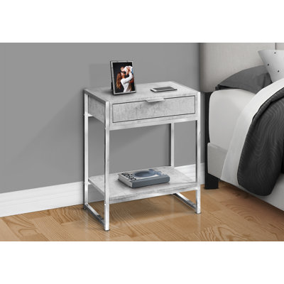 Table d'appoint, côté, bout, table de chevet, lampe, tiroir de rangement, salon, chambre à coucher, stratifié gris, métal chromé, contemporain, moderne