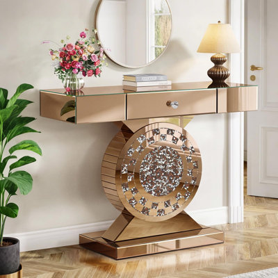 Mirrored Console Table with Storage Drawer, 39.37" Tea-Colored Glam Entryway Table with Crushed Diamond Inlay Round Base, Glass Top Mirrored Sofa Table, Decorative Hallway Table for Living Room Foyer
