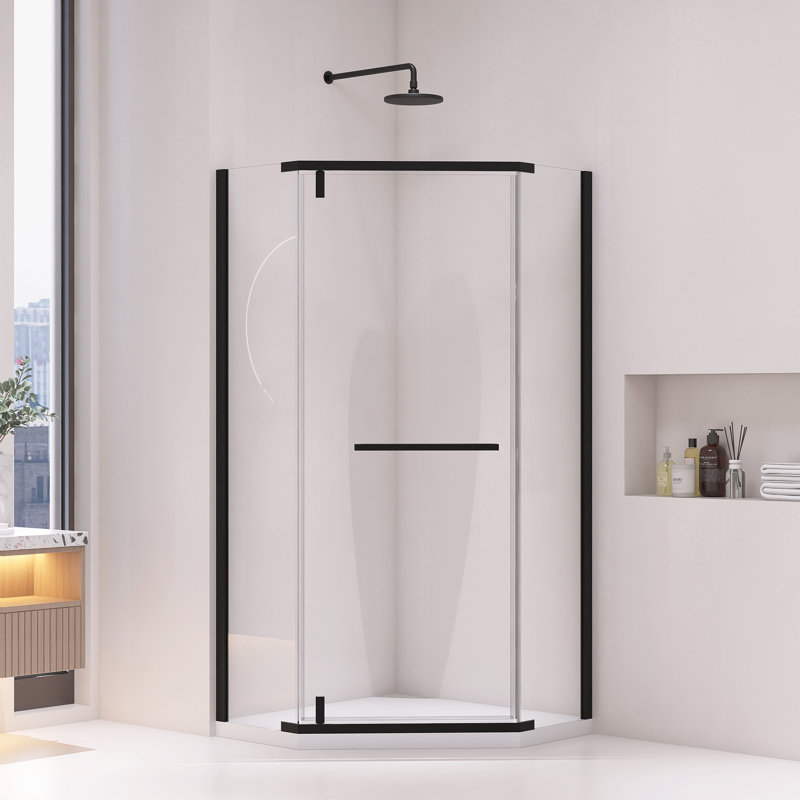 36" W X 36" D X 72" H Semi-Frameless Neo-Angle Corner Shower Door With Towel Bar And Clear Tempered Glass, Black