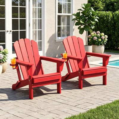 Outdoor Weather-Resistant High Density Polyethylene Foldable Adirondack Chairs with Cup Holder Set of 2