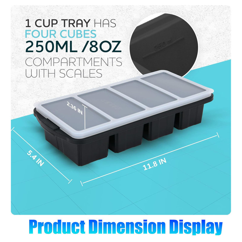 Paquet de 2 plateaux de congélation en silicone avec couvercles - 1 tasse de cubes pour la soupe, la préparation des repas et le rangement | Grand moule à glaçons (8 cavités par plateau) | Va au four, au lave-vaisselle et au congélateur