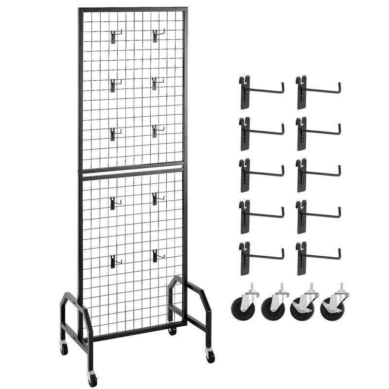 Présentoir mural grillagé 1,9 x 5,4 pi Grid avec roues et 10 crochets