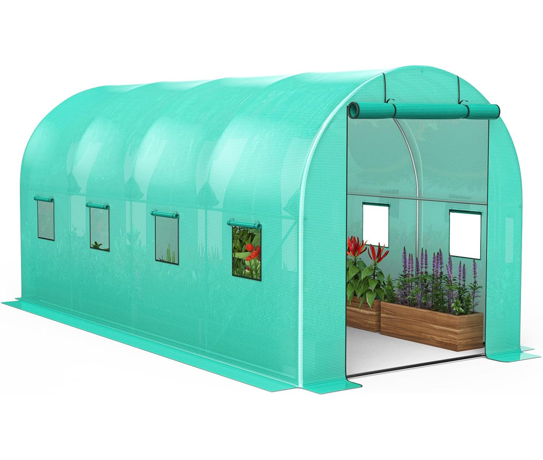 15x7x7ft Walk-in Greenhouse with Roll-Up Zipper Door, 8 Windows, Galvanized Steel Frame & Green PE Cover for Outdoor Plants Vegetables Gardening