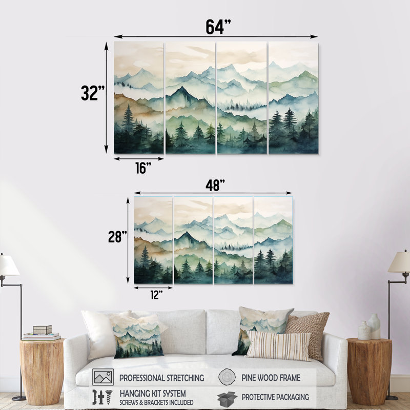 Sommet vert, Japon, ensemble d'art mural 4 pièces, H 32 po x l 64 po