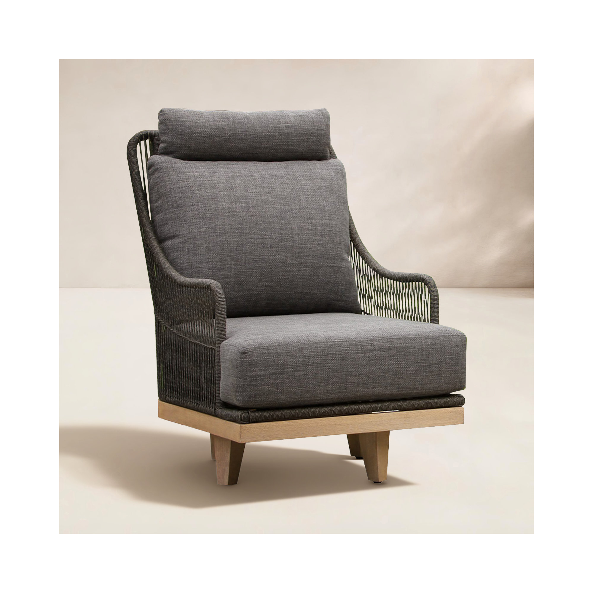 Posey Swivel Chair w Olefin Fabric, Charcoal Cushion / Gray/Natural Wood Frame