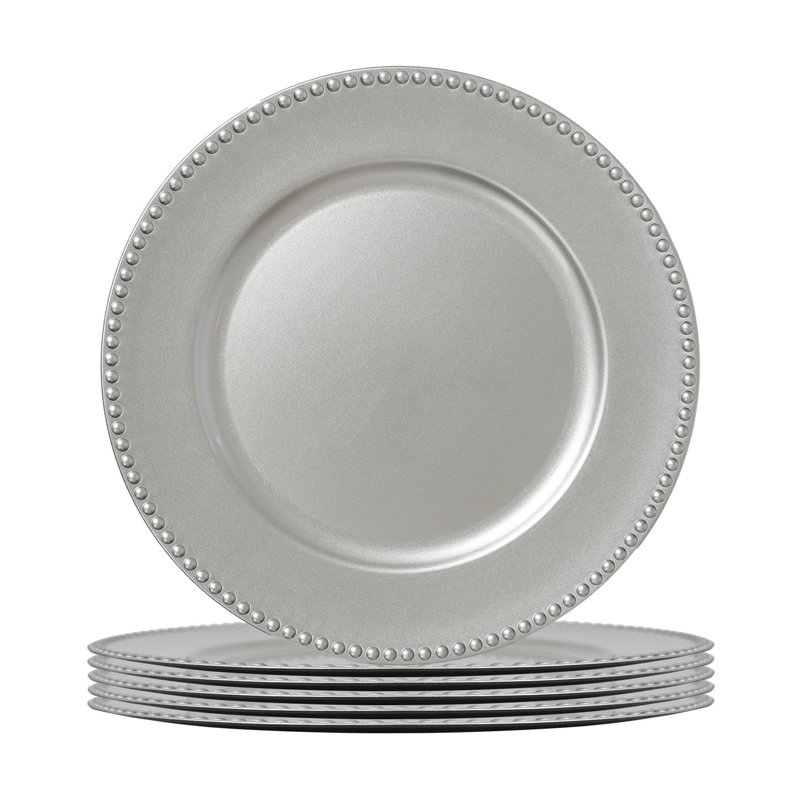 Argon Tableware - Beaded Melamine Charger Plates - Set of 6, Silver
