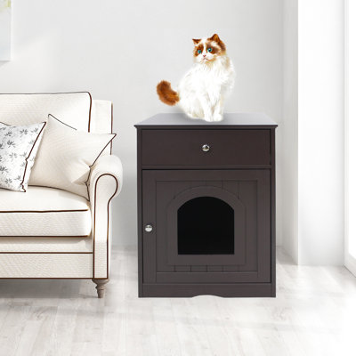 Enceinte intérieure en bois pour bac à litière avec tiroir, table d'appoint et table de chevet brune pour chats
