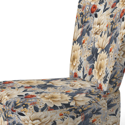 Blue And Beige Flowers Chrysanthemums Pattern - Upholstered Farmhouse Side Chair, Rustic Floral Accent Chair