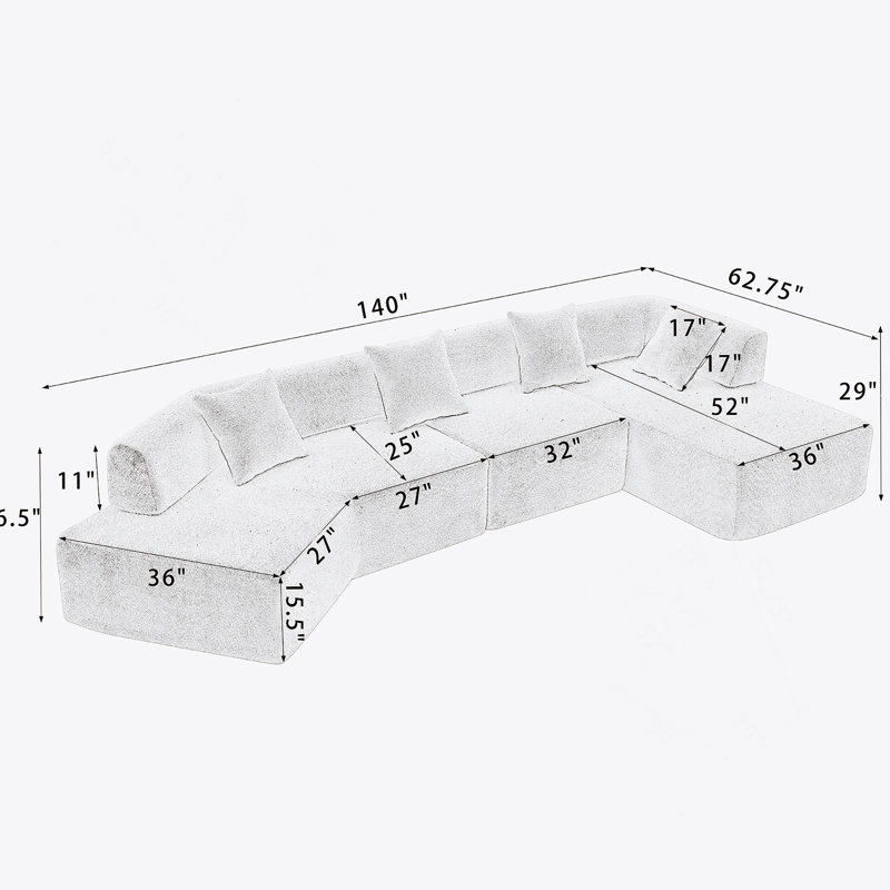 Canapé modulaire moderne en L de 140 po, sans assemblage requis, canapé modulaire Boucle, Polyester gris