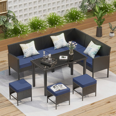 Small Space Patio Furniture 7-Piece Outdoor Furniture Set, Backyard Furniture Set, Waterproof Seat Cushion, Glass Table, Space Saving, Suitable For Backyard, Terrace Or Garden,Dark Blue