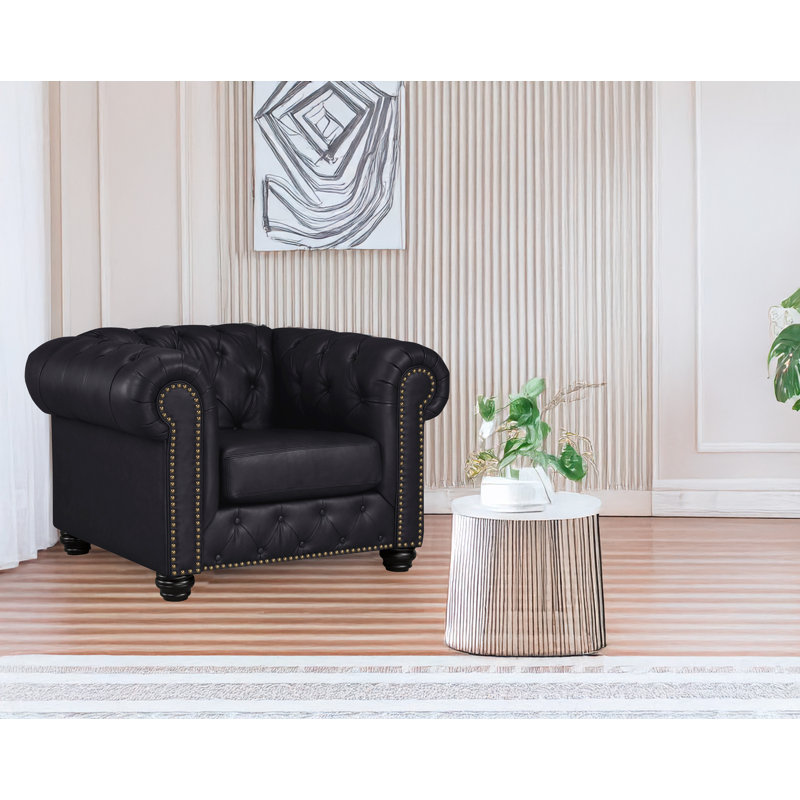 Toddington 48" Wide Tufted Genuine Leather Armchair, Black Leather Match