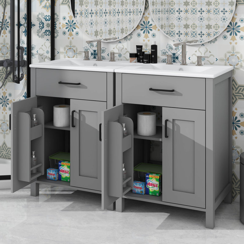 Ensemble de meuble-lavabo de salle de bain contemporain 48 po avec lavabo et meuble-lavabo en céramique, Gris, Noir