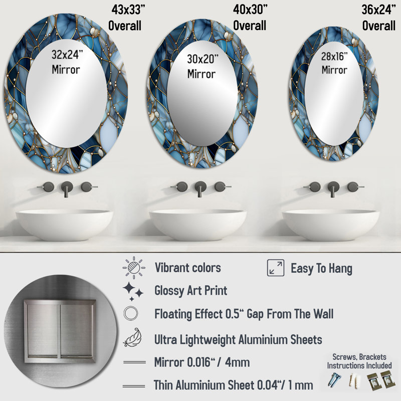 Fantasy Marble Pattern - Large Oval Wall Mirror On Metal, 36" H x 24" W