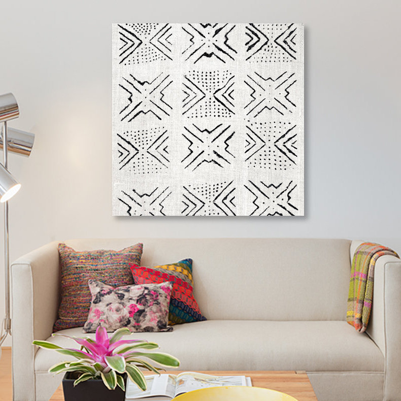 « mudcloth white geometric design v », reproduction d’impression sur toile, H 26 po x l 26 po x P 1,5 po, Toile tendue
