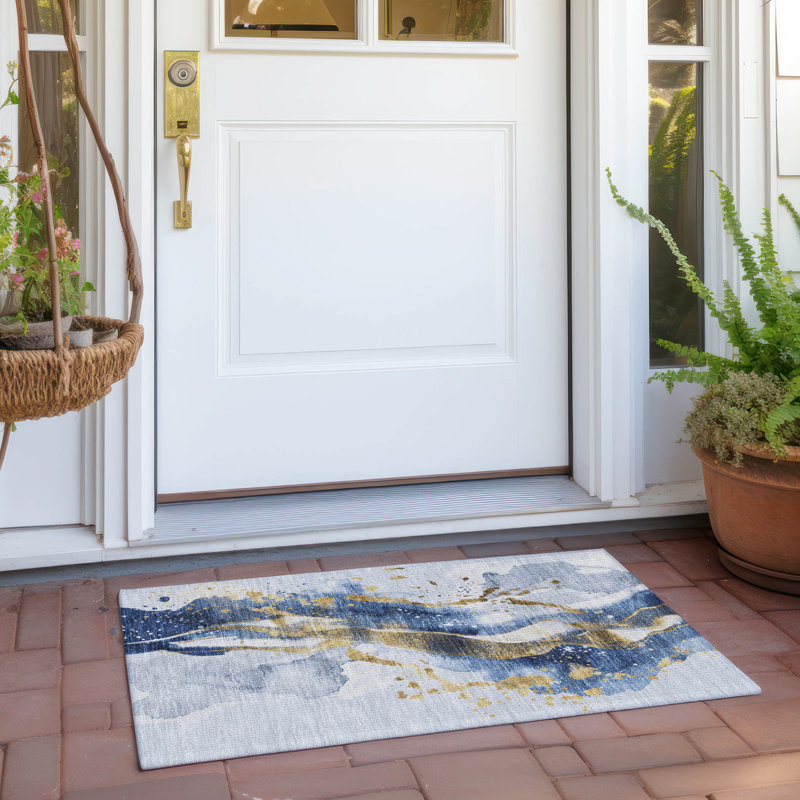 Machine Washable Indoor/Outdoor Claudian ACN1524 Blue Rug, Rectangle 1'8" x 2'6"