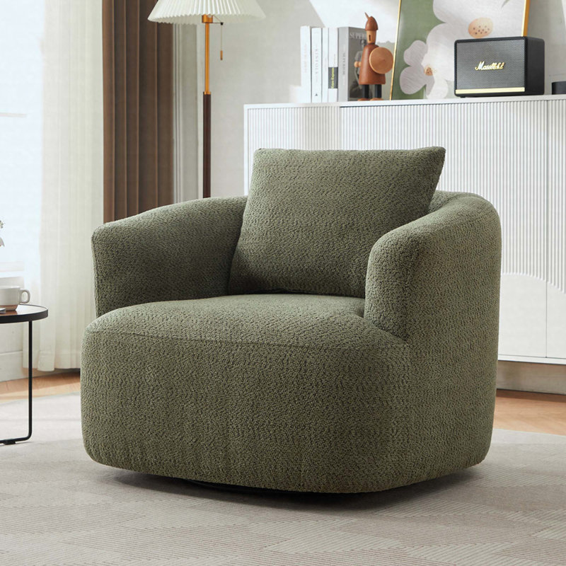 38.2" 360° Swivel Barrel Chair, Upholstered Accent Chair With Included Throw Pillow, Green