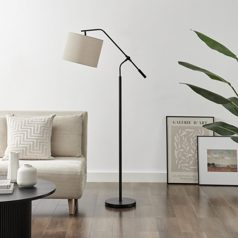 Claudie Sculptural Overhang Arm Standing Floor Lamp With Shade - Industrial Elegant Design, Black