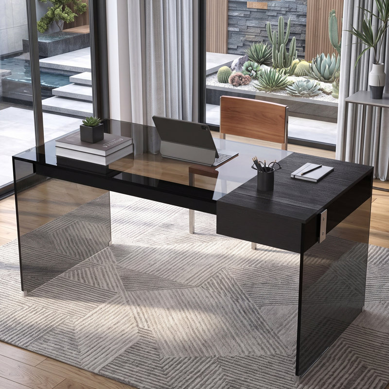 Bureau rectangulaire en verre de 135 cm (53,14 po) avec tiroir en bois, en verre trempé noir, idéal pour la maison, le bureau ou l'espace de travail.