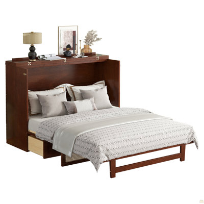 Queen Size Murphy Bed, Pine Wood Cabinet Bed with Rattan Decoration and Storage Drawer,Walnut