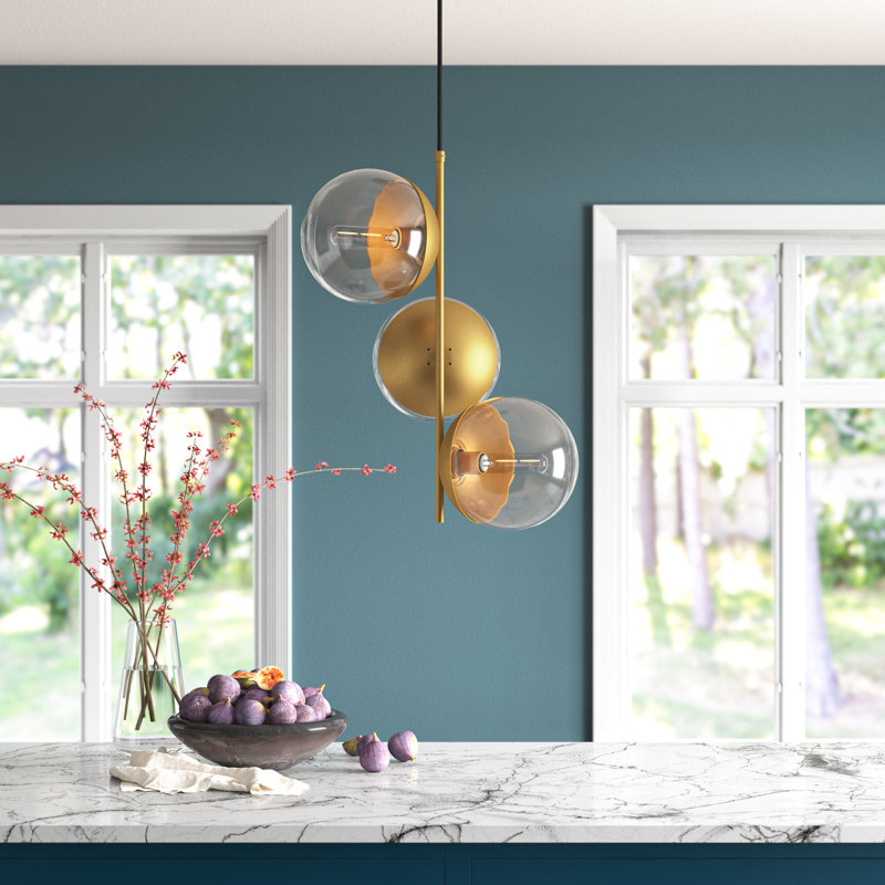 Yearby 3-Light Unique Globe Dimmable Chandelier, Brass, Clear