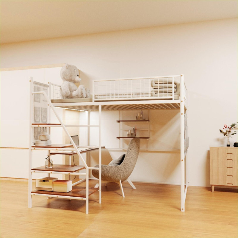 Lit mezzanine pleine grandeur en métal blanc et bois propre, idéal pour la chambre à coucher et le dortoir, avec charge intégrée et éclairage à DEL
