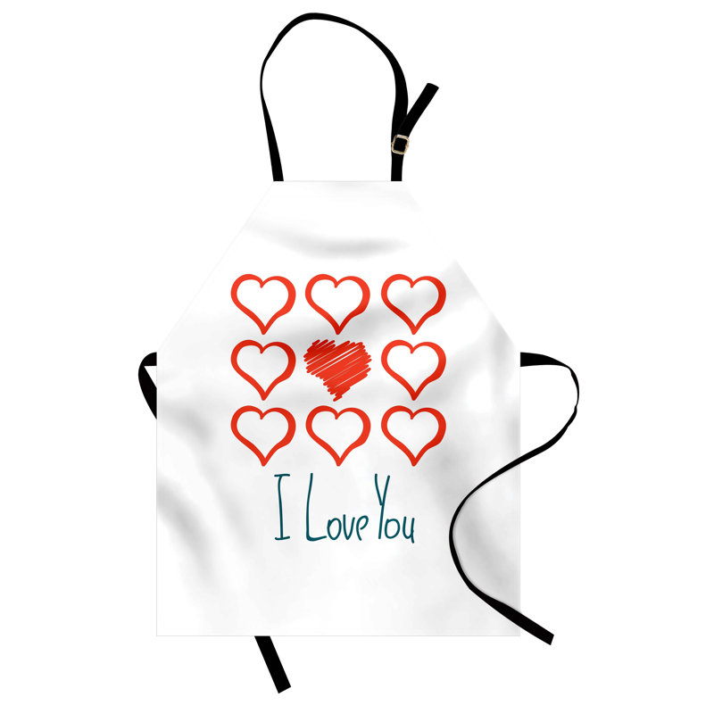 Tablier romantique East Urban Home, cœurs rouges, gribouillis, taille adulte, sarcelle vermillon blanc