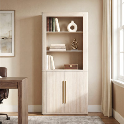 Bibliothèque de 71 po de hauteur avec portes, bibliothèque à 5 niveaux avec tablettes réglables et armoire de rangement, garde-manger moderne ouvert pour le salon, le bureau, la cuisine et la bibliothèque, chêne beige