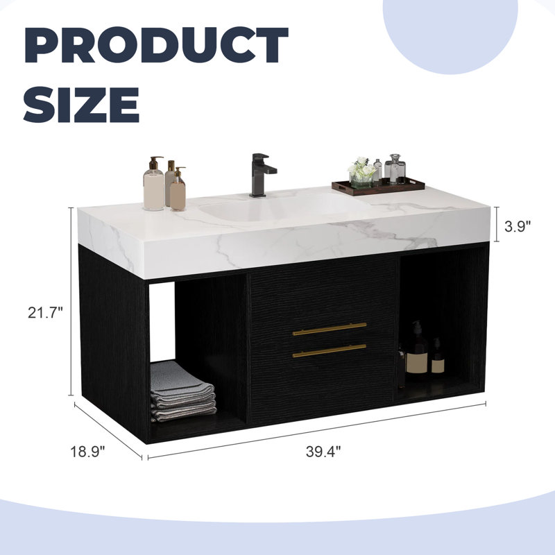 Meuble-lavabo flottant de 39,4 po avec lavabo en céramique et rangement moderne | Conception murale épurée pour un luxe peu encombrant