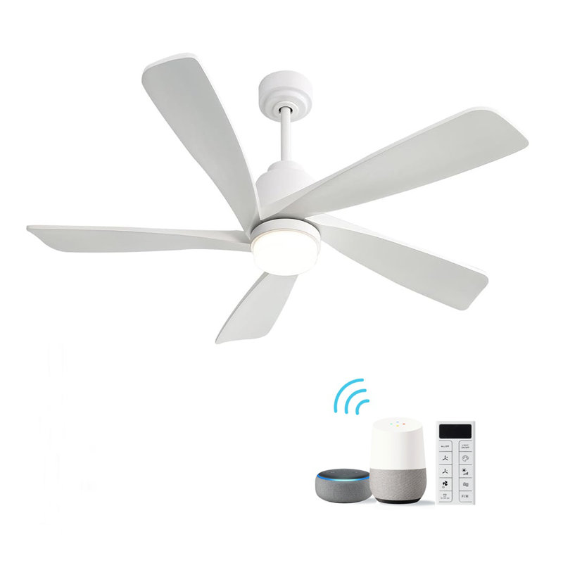 Ventilateur de plafond moderne de 52 pouces avec lumière DEL à intensité variable, 5 pales en bois massif, moteur à courant continu réversible à télécommande - commande intelligente pour les espaces intérieurs / extérieurs