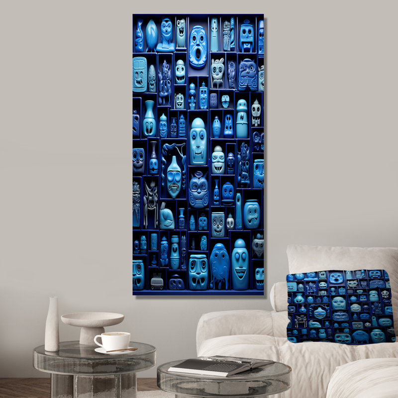«Blue Mask Moroccan Tiles», art mural abstrait, Toile tendue, H 60 po x l 28 po x P 1,5 po